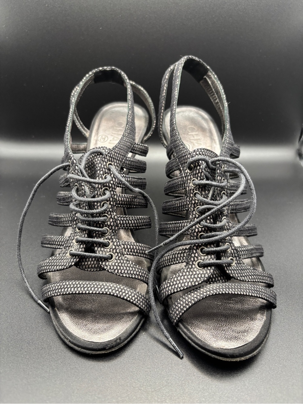CHANEL Black Lace-Up Multi-Strap Heeled Sandals